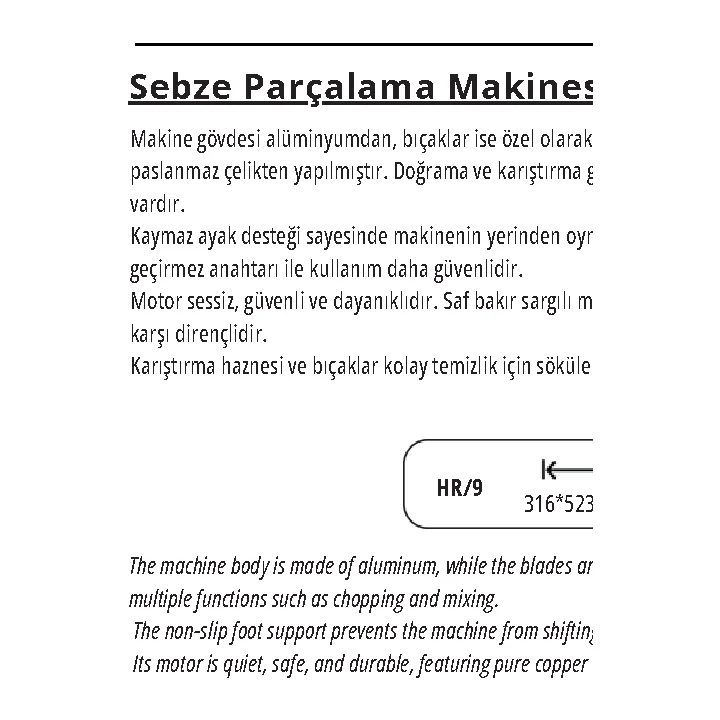 Sebze Parçalama Makinesi 9 Litre
