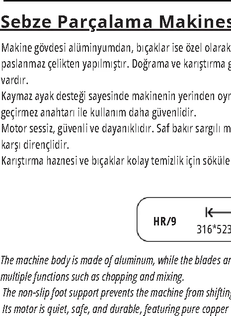 Sebze Parçalama Makinesi 9 Litre